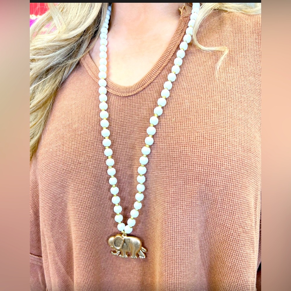 NWT The Andra Necklace Brushed Metal Elephant White Beads Bronze Look
